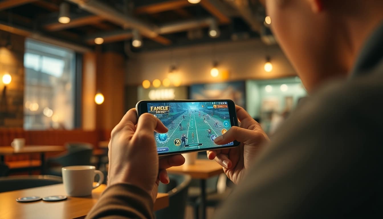 S8 Galaxy smartphone in use for mobile gaming in a cozy cafe setting.
