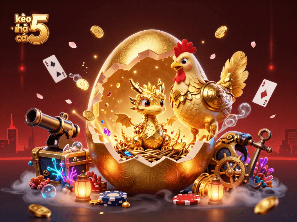 Win big with exciting kèo nhà cái 5 as the golden dragon reveals treasures surrounded by casino elements.