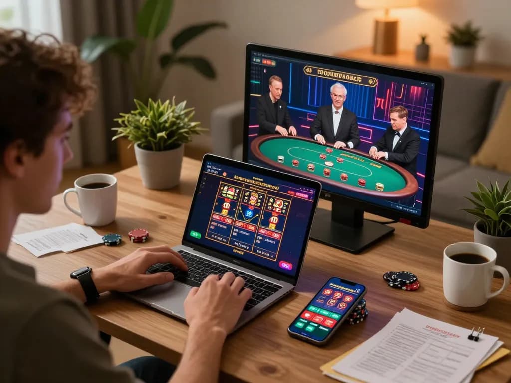 Luck8 player enjoying online casino games on laptop, showcasing an engaging gambling setup at home.