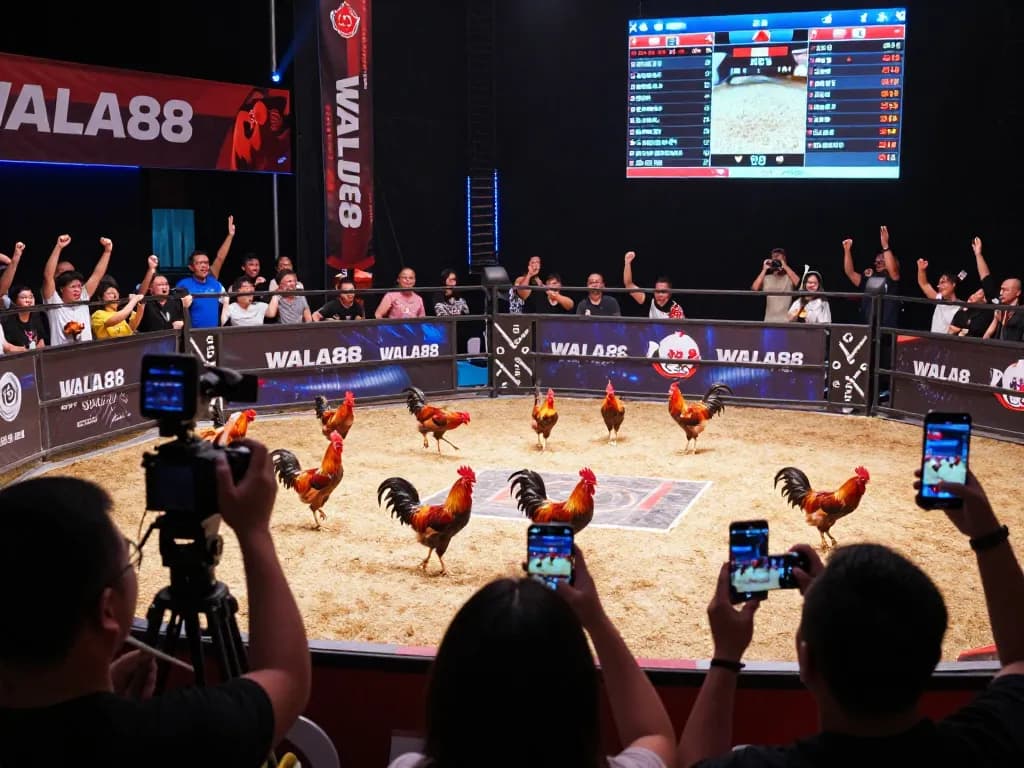 WALA88 live chicken fighting, showcasing vibrant audience engagement and real-time betting excitement.