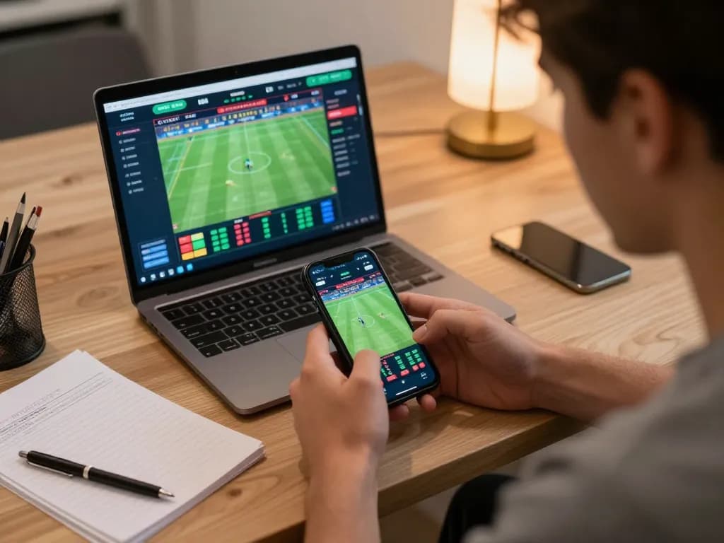 Engaged player using 789betgo for live sports betting on smartphone in a warm home setting