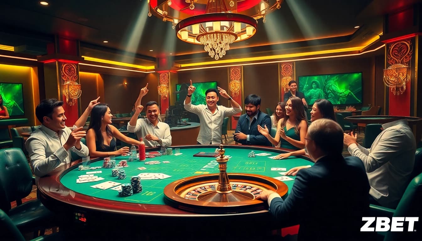 Experience a thrilling moment at ZBET with excited gamblers at a casino table.