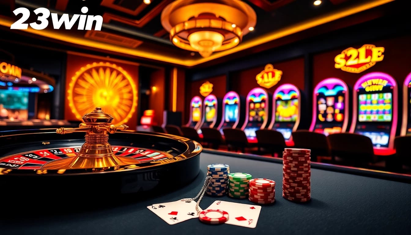 Experience the excitement at 23win with vibrant casino elements including roulette and poker chips.
