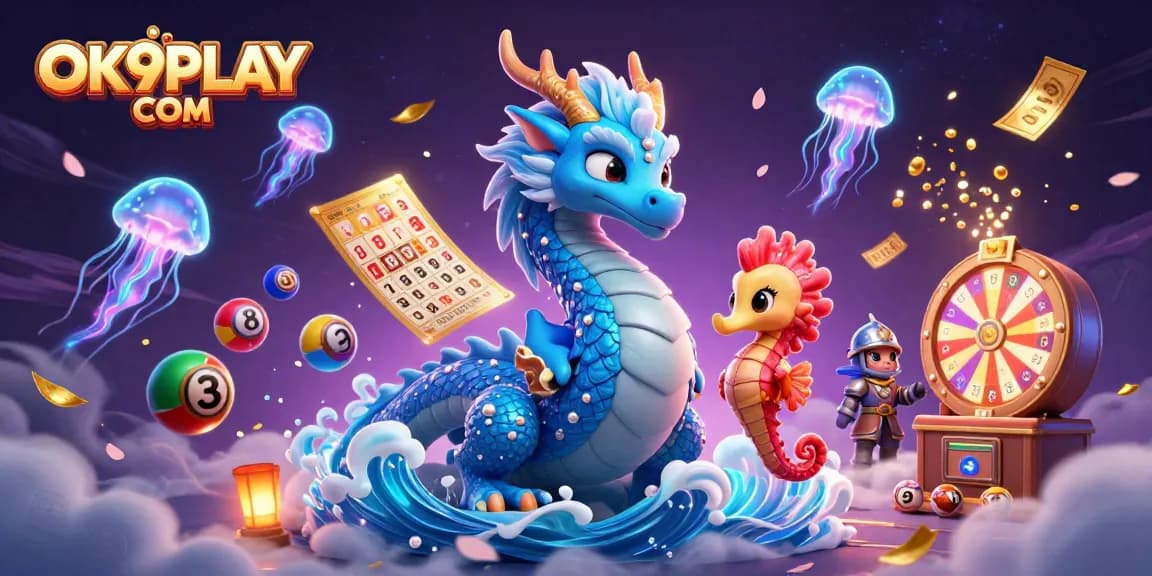 Experience excitement with OK9PLAY COM in this vivid casino-themed 3D illustration.