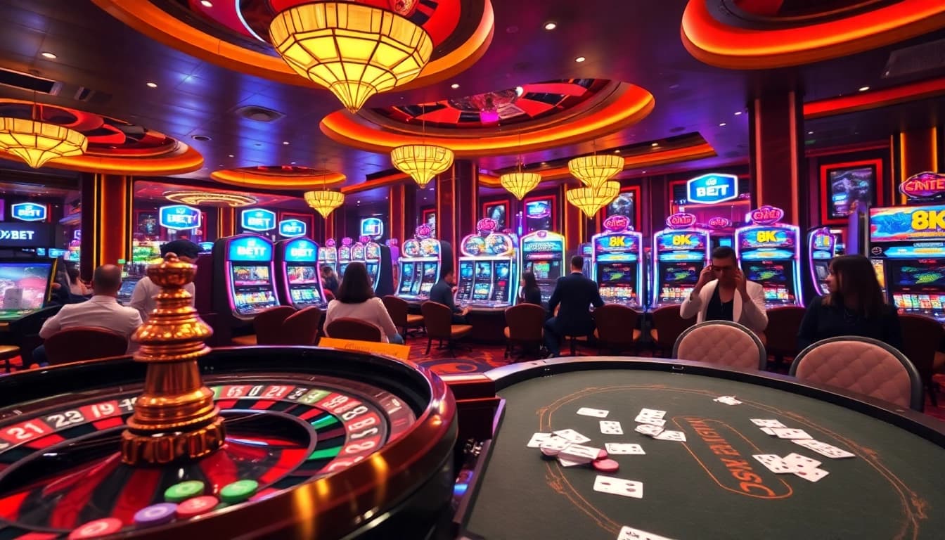 Experience luxury gaming at 8K BET with vibrant casino tables and engaging players.