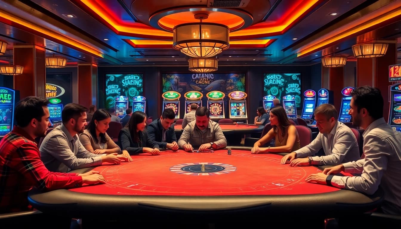 A lively casino scene highlighting high-stakes poker at https://immoo.net/, with vibrant slot machines and roulette wheels.