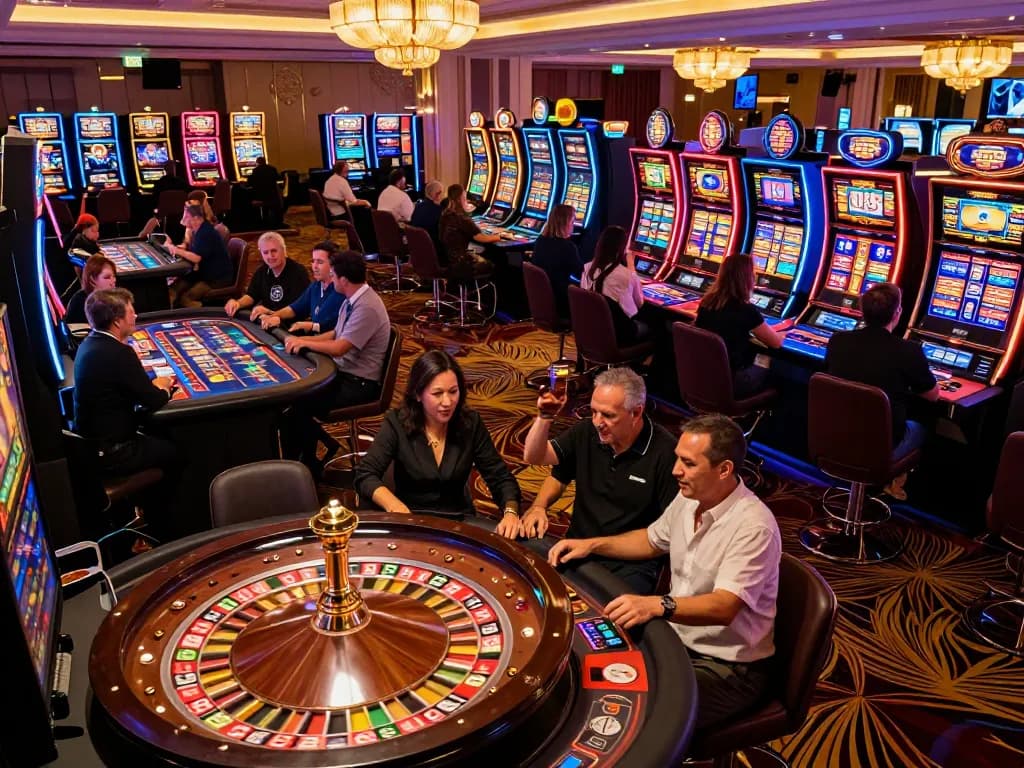 Players enjoying dynamic casino games at https://max88sss.com/, featuring a lively atmosphere with roulette and slots.