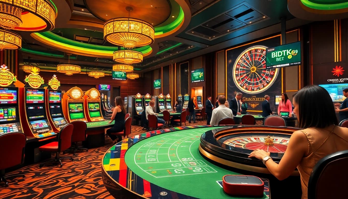 Exciting gaming atmosphere at a casino highlighting bdtk66 blog, featuring vibrant slot machines and players at poker tables.