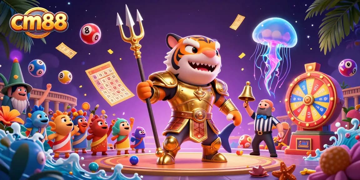 Experience excitement at cm88 with a vibrant underwater scene showcasing a shark gladiator amidst gambling elements.