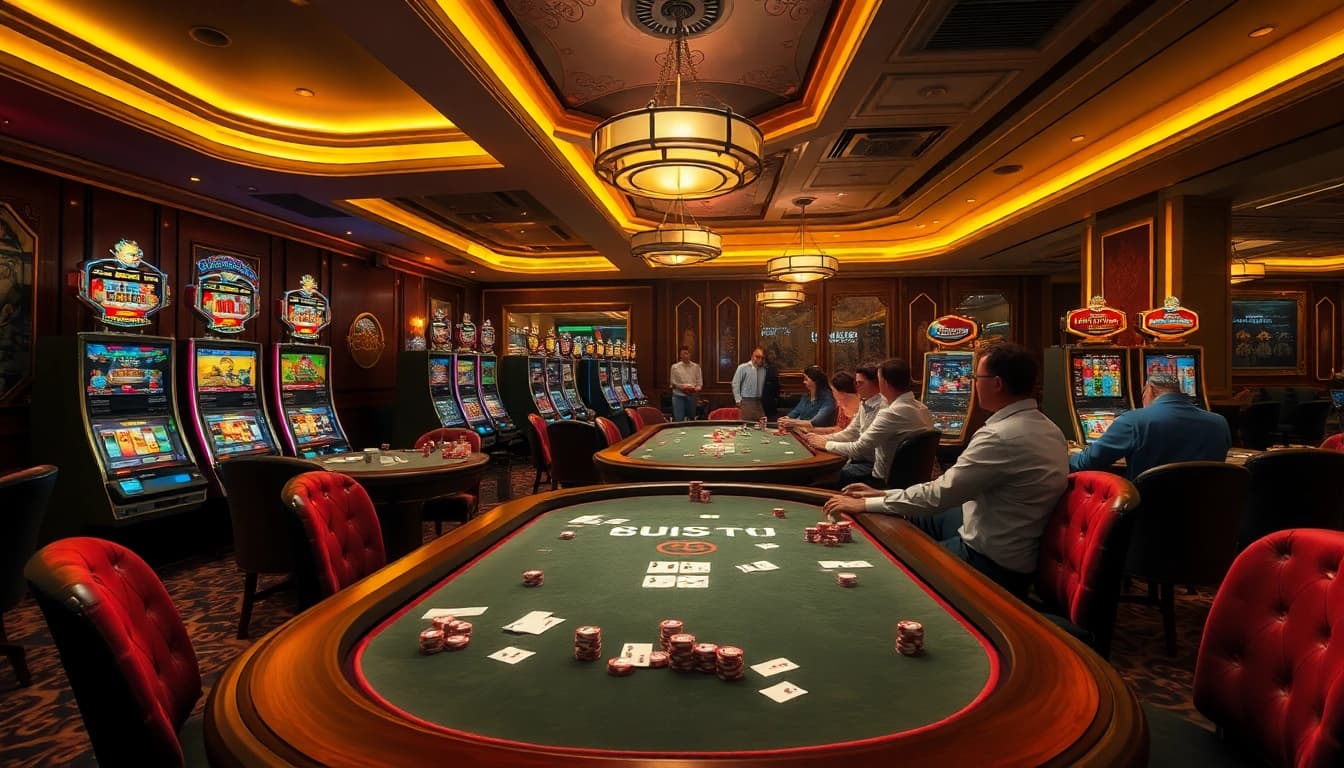 Players engaging in thrilling poker at OK 365 casino, surrounded by luxurious casino elements.