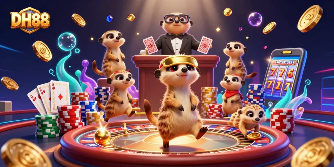 Experience thrilling wins at DH88 with a vibrant meerkat casino illustration featuring live games and jackpots.