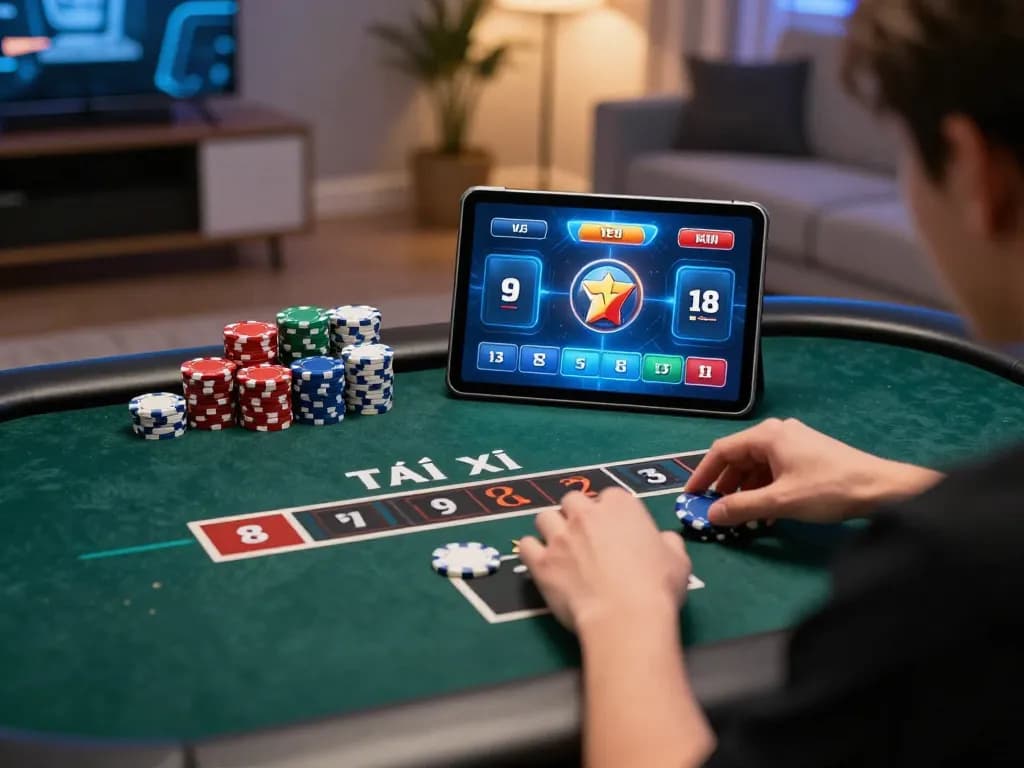 Tài xỉu online gameplay in a vibrant home setting showcasing tablet and chip stacks.