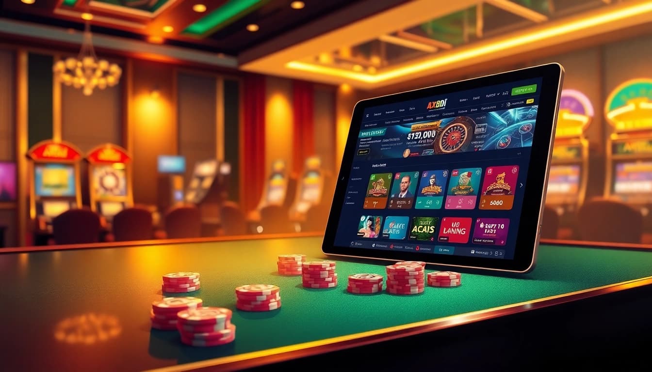 Players enjoying vibrant gambling action at AX88, featuring casino tables and online betting displays.