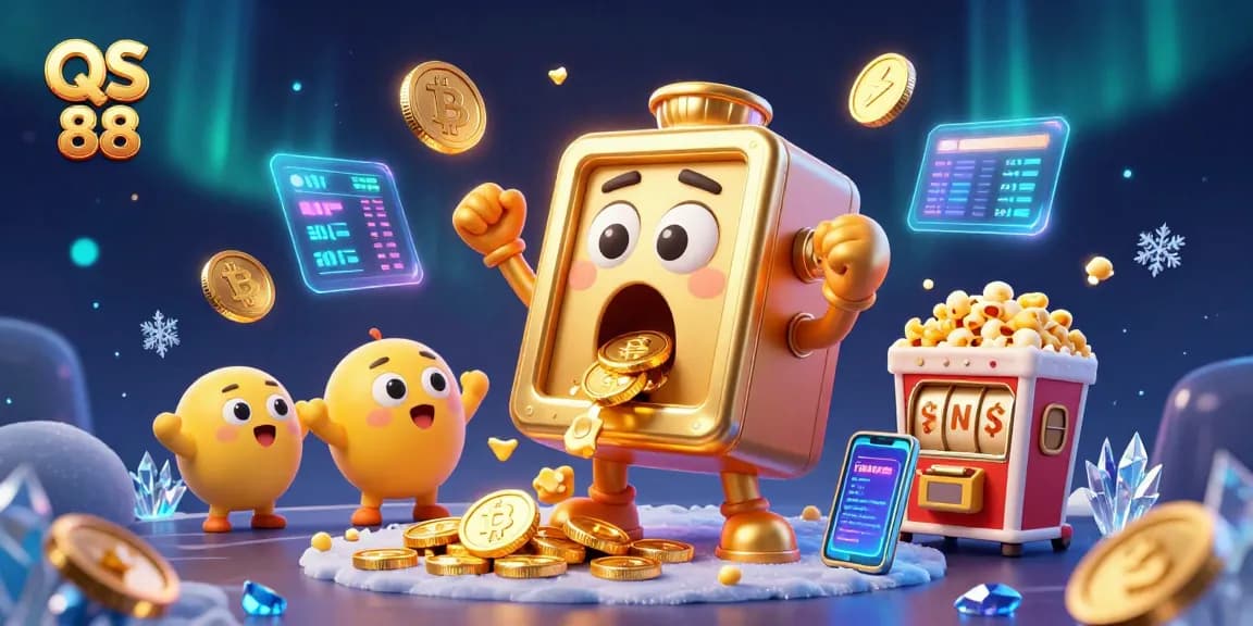 Celebrate wins with QS 88 as golden slot machines hit jackpots amidst glittering Bitcoin and Ethereum coins.