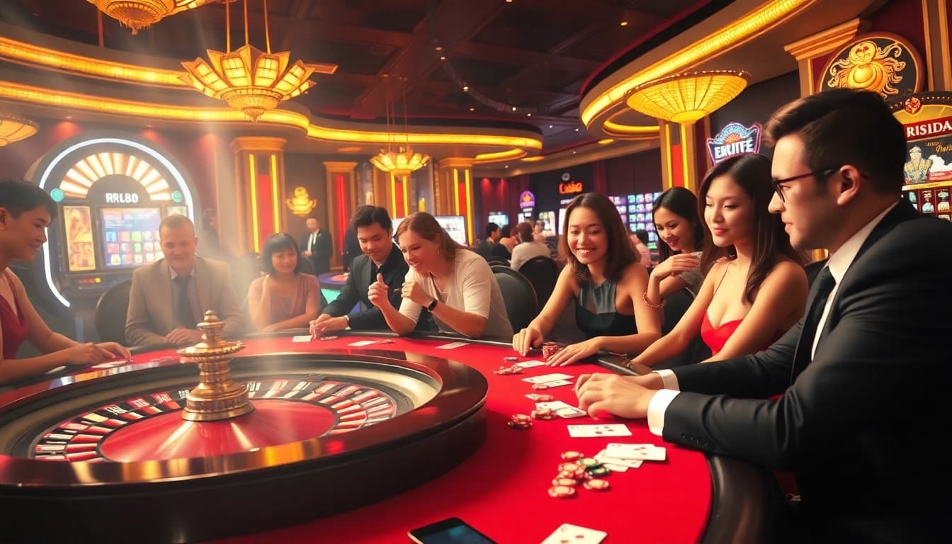 RR88 casino scene with dynamic gameplay, poker chips, and vibrant roulette wheel.