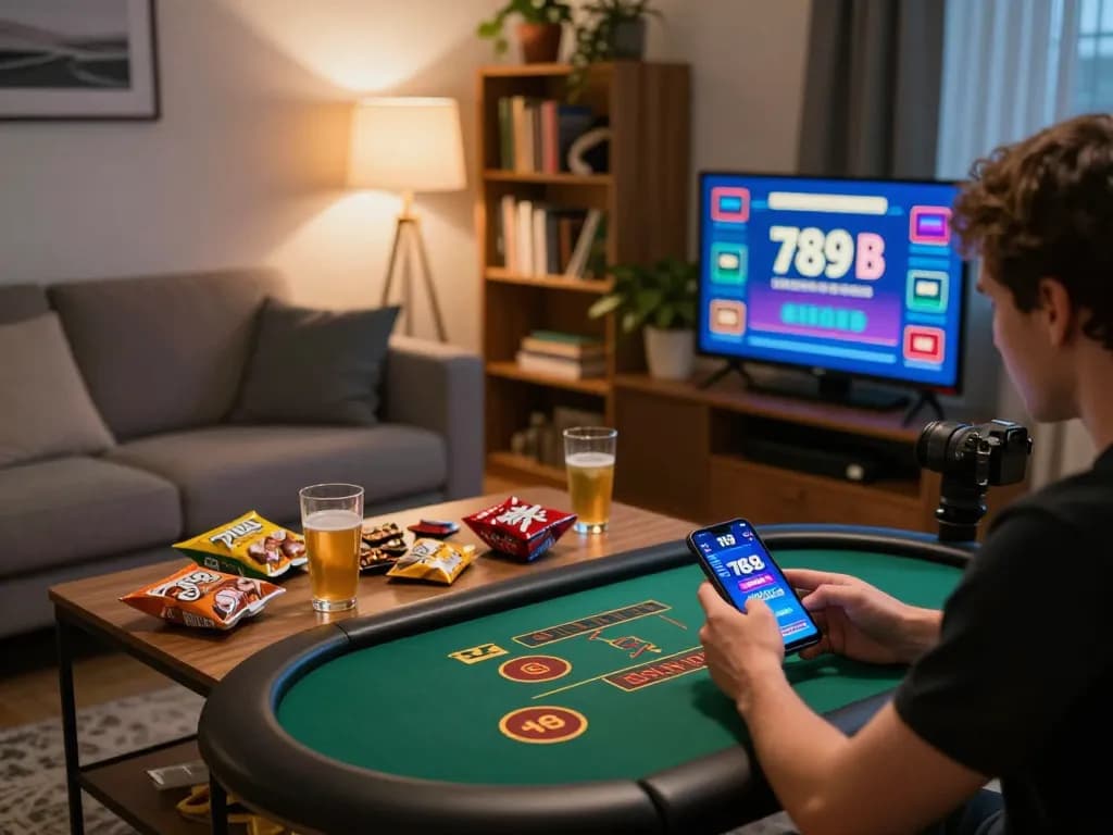 Engaged player using 789b casino app on smartphone at home, creating a strategic gambling atmosphere.
