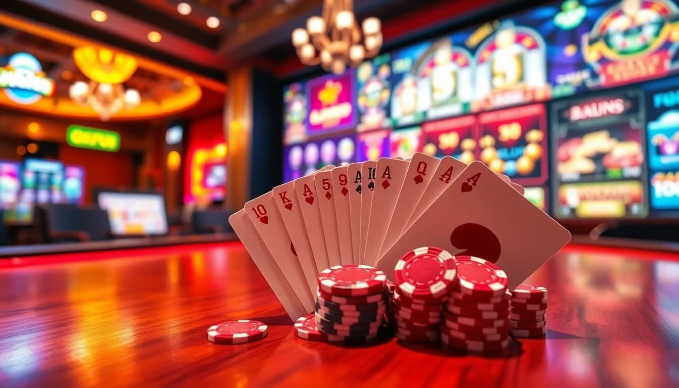 Experience thrilling okfun games at a luxurious online casino with vibrant chips and dynamic game displays.