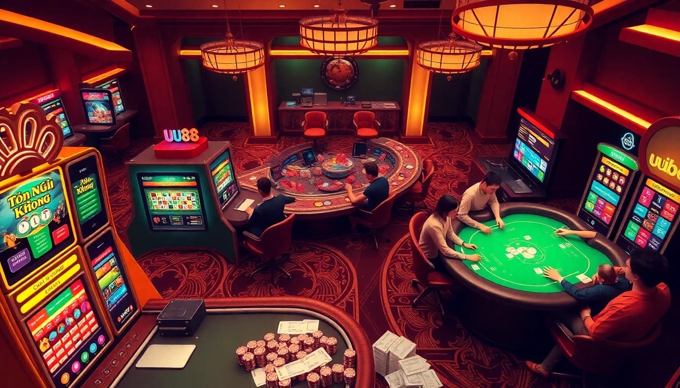 Join the excitement at uu88 with vibrant slot machines and bustling casino tables.