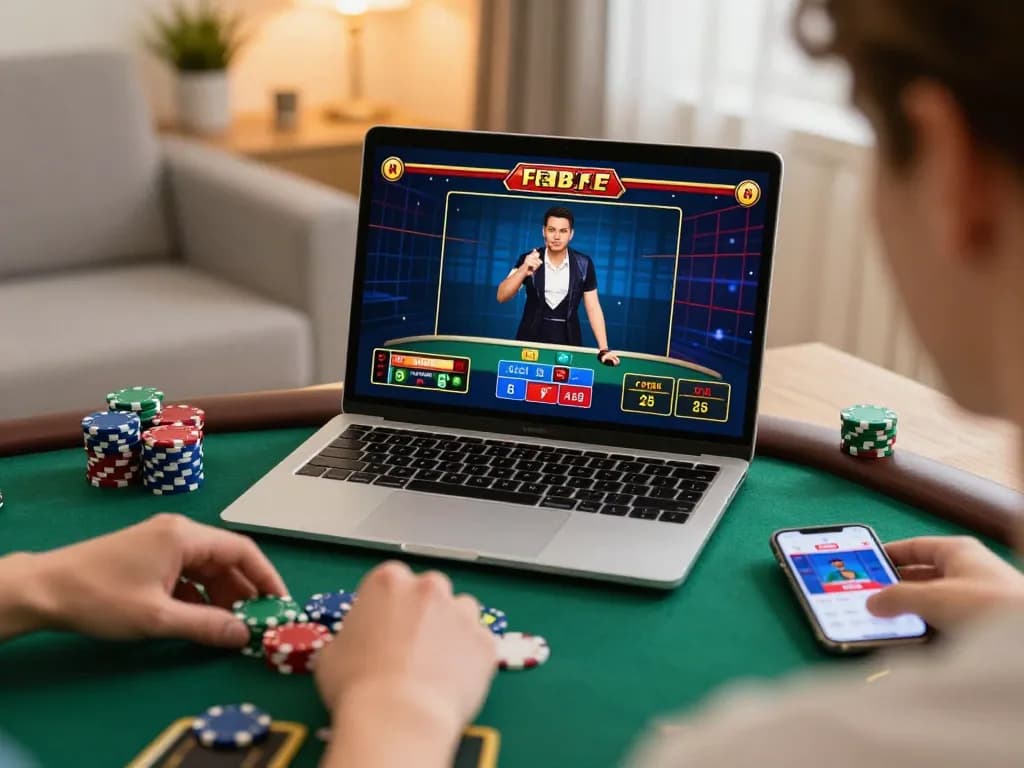 Engaging with N188 live dealer game on a laptop in a cozy home atmosphere, showcasing strategic online gambling.