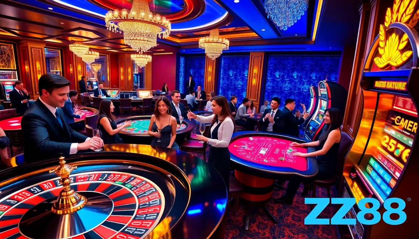 Experience the thrill of winning at https://hz88.blue/ in this vibrant casino scene featuring baccarat and roulette.