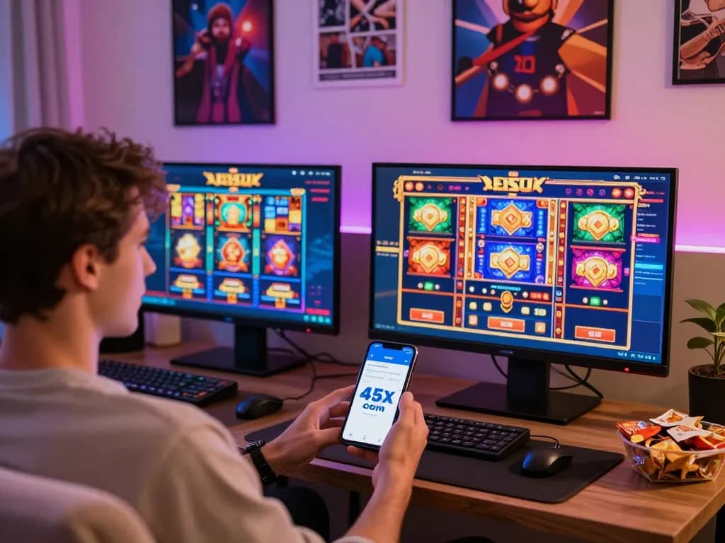 Engaging gaming scene showcasing 45x .com platform with user interacting and vibrant graphics.