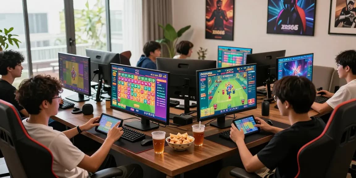 Engaging players enjoying game xoso66 in a modern gaming setup with colorful screens and excitement.