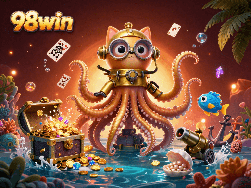 Experience thrilling adventures with 98win as the kraken rises amidst treasures in this action-packed casino scene.