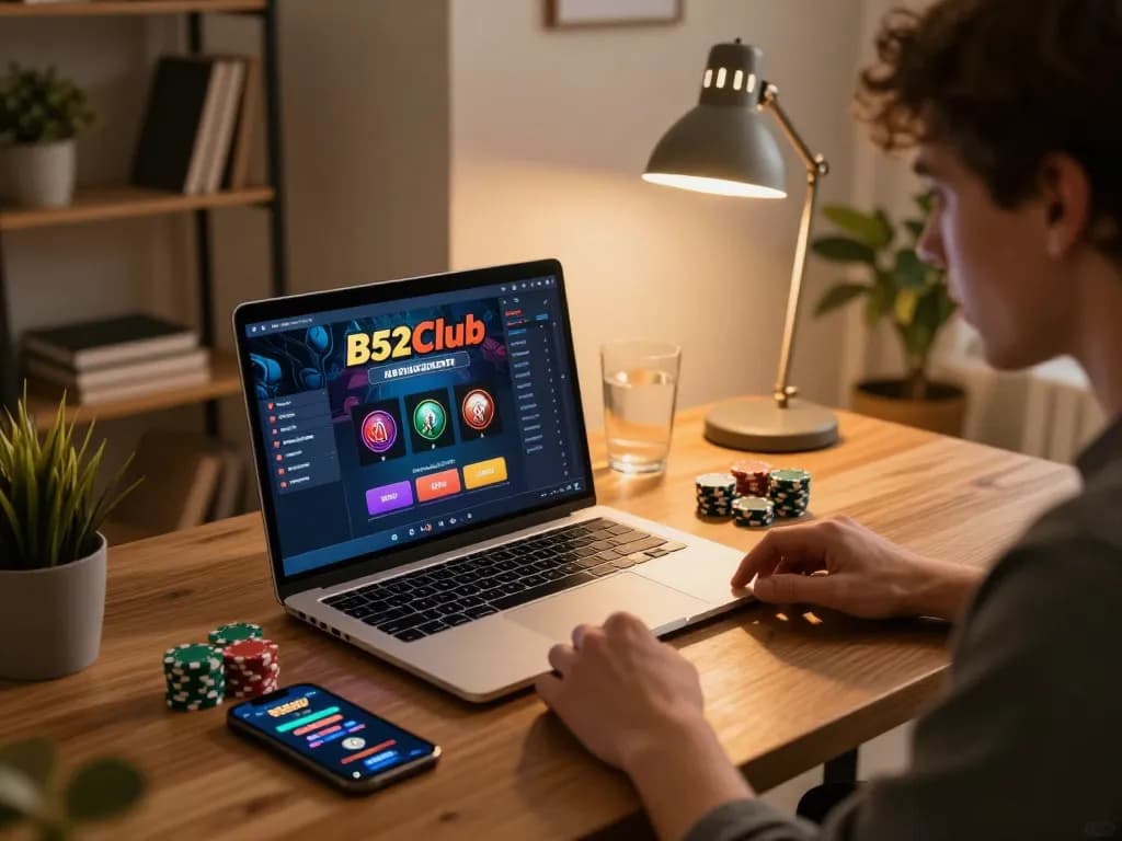B52Club online gaming scene with player engaged in poker on laptop