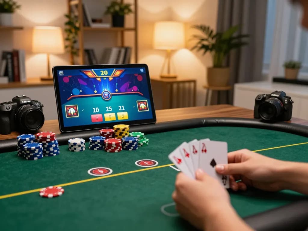 Zowin online poker gameplay showcasing player winning with vibrant chips and warm home office lighting.