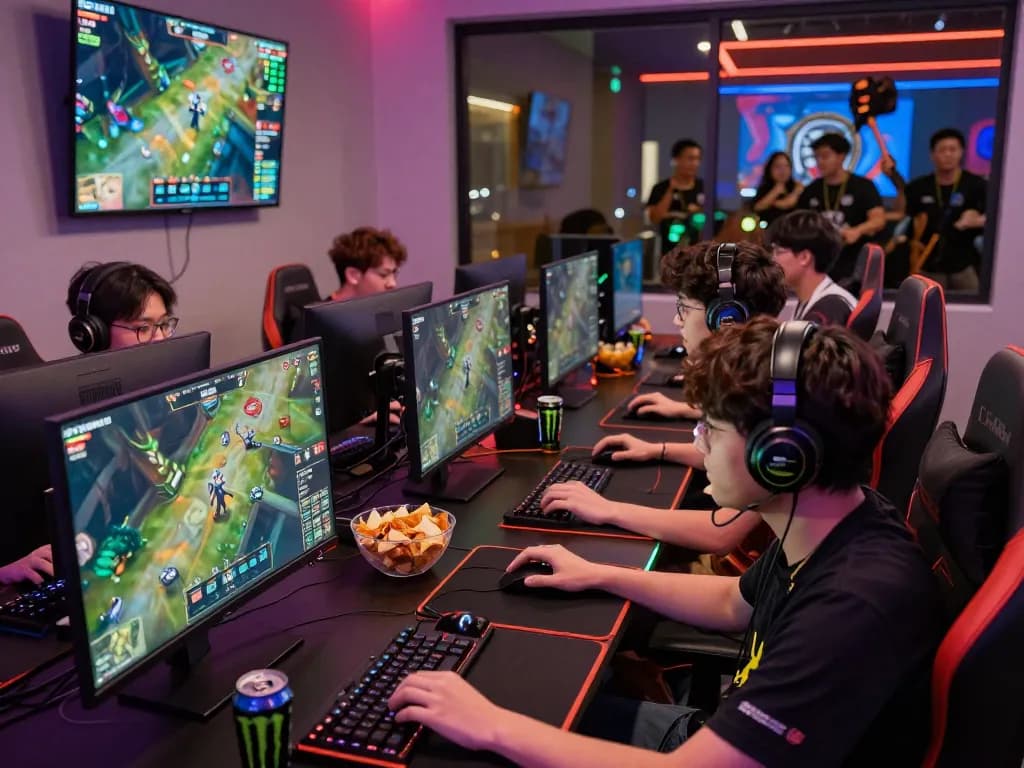 Dynamic esports betting scene showcasing friends engaged in live betting action and gaming excitement in Singapore.