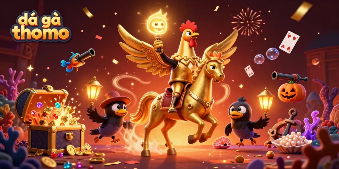 Engage in the excitement of đá gà thomo as a golden rooster and spectral horse create a lively casino scene.