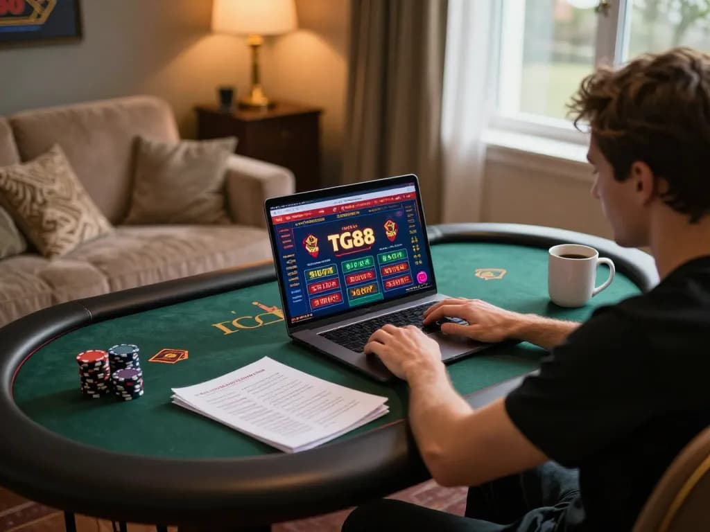 Tg88 user enjoying online casino gaming on a laptop while engaging with strategic notes and a coffee mug
