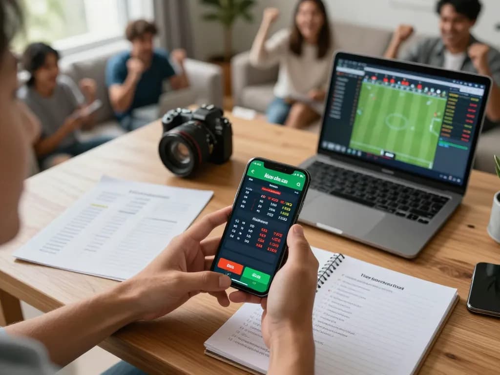 Engaging mobile sports betting scene focused on keo nha cai odds with friends celebrating in a cozy setup.