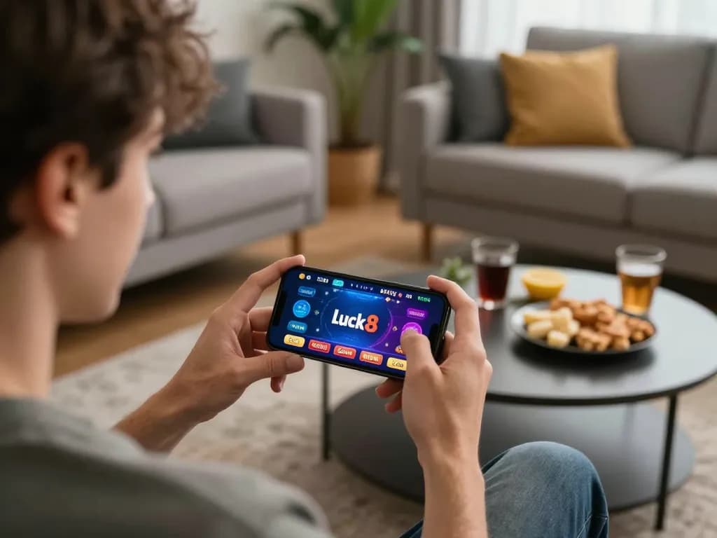 Engaging with the luck8 online casino app in a cozy home setting.