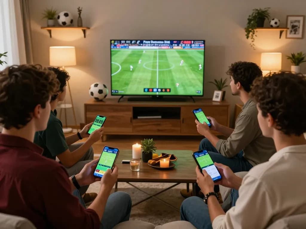 A group of friends engaging in sports betting, analyzing kết quả bóng đá on their mobile devices during a lively football match.