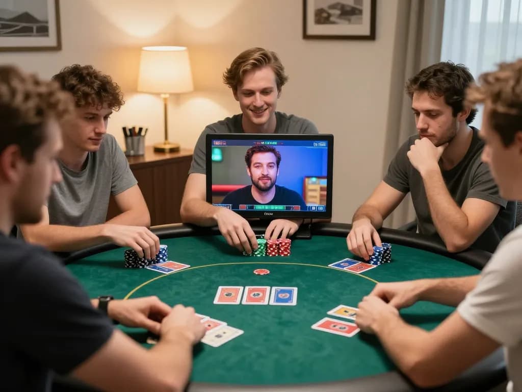 FLY88 players strategizing in an engaging online poker game with bright screen glow and focused expressions.
