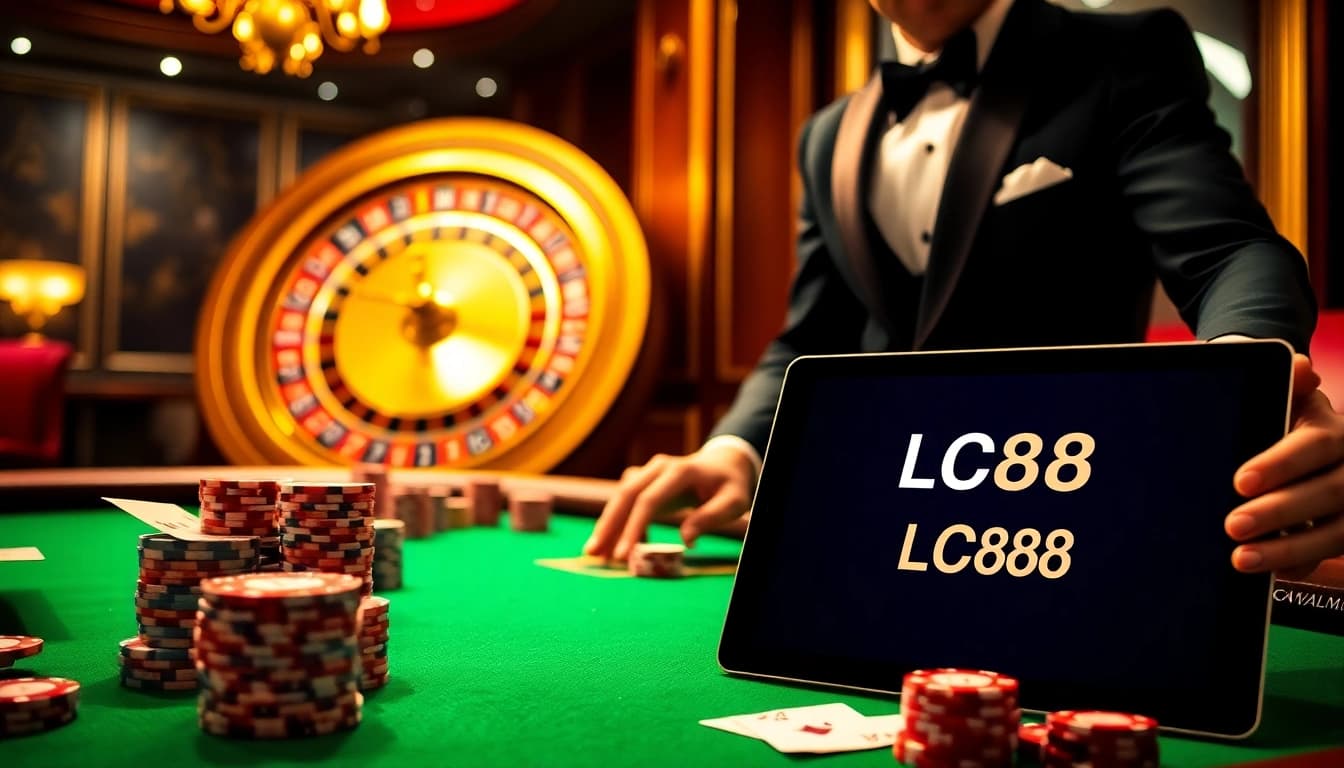 Experience the thrill of LC88 as players confidently bet at a luxurious casino table.