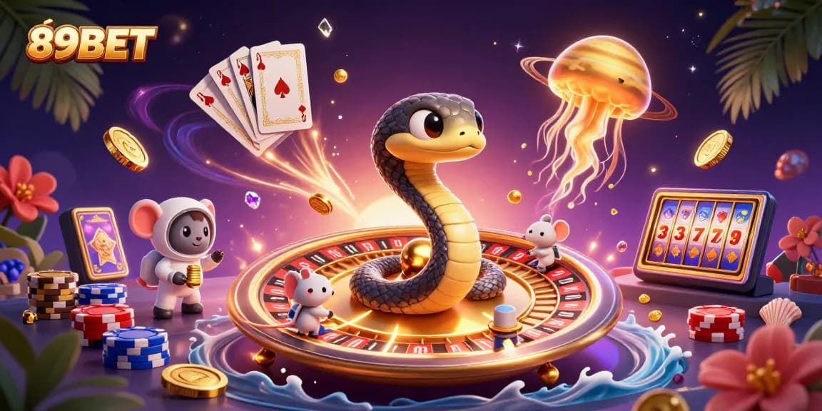 Experience the excitement of 89BET with 3D casino elements swirling in a vibrant digital illustration.