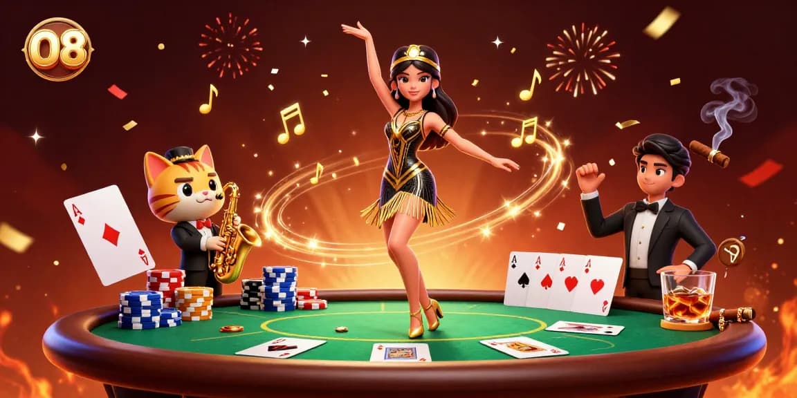 Experience thrilling O8 poker action with vibrant casino elements and lively characters.