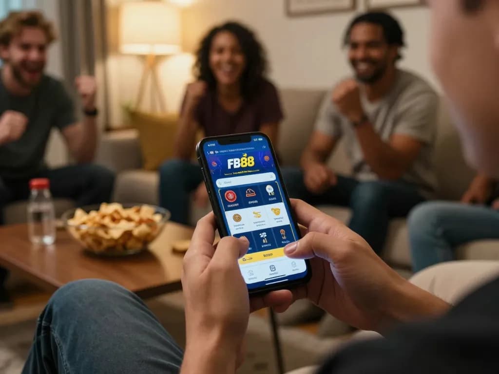 Player using the FB88 app on smartphone in a lively home atmosphere, showcasing interactive online betting