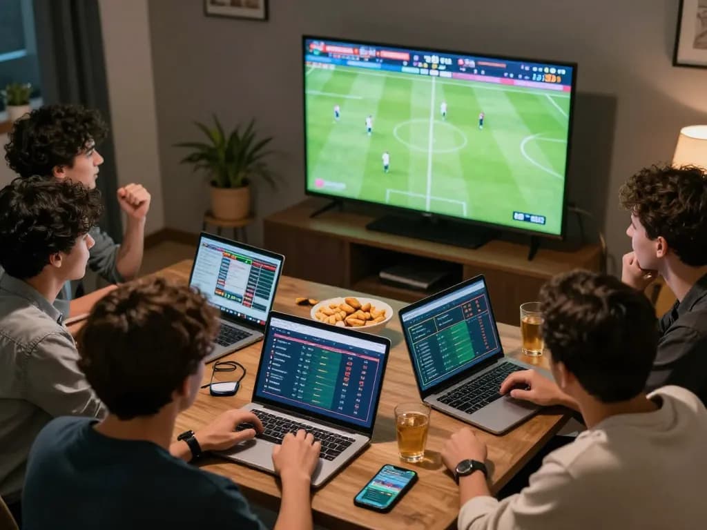 Friends engaging in live sports betting using nowgoal123 for quick odds updates and thrilling match insights.