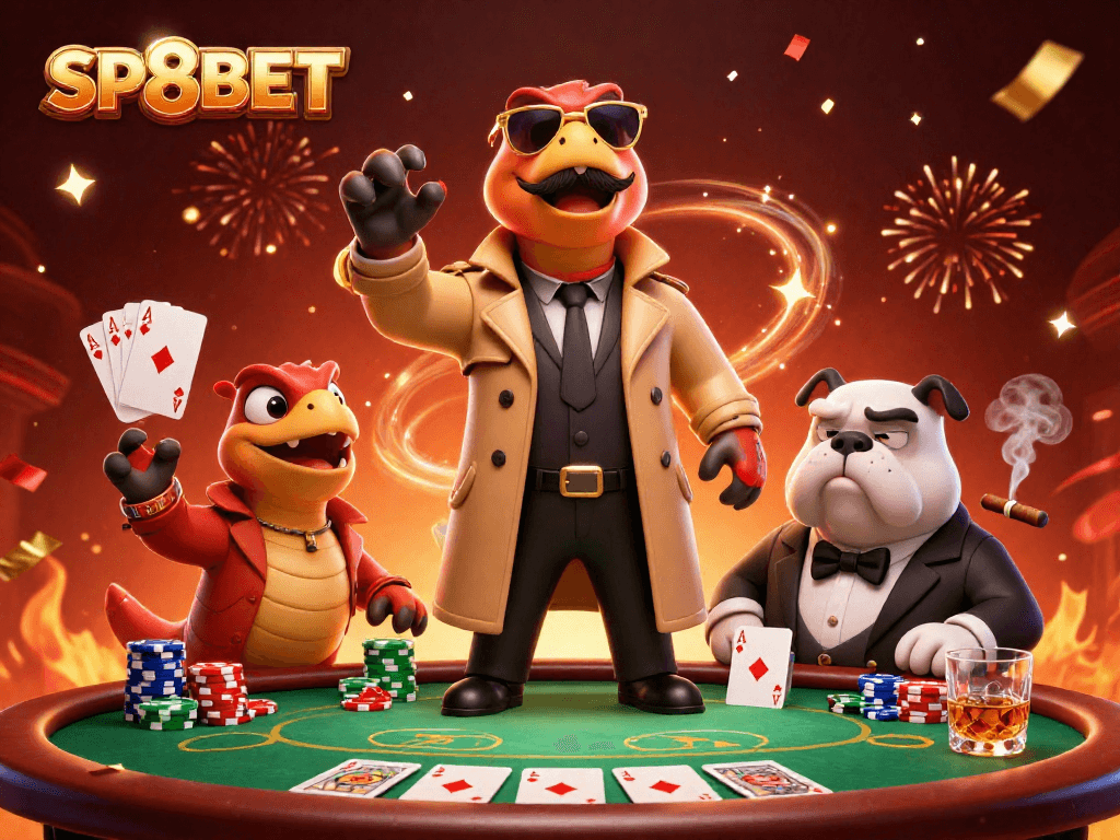 Join the excitement at SP8BET with raptors disguised as a player in a vibrant casino scene.