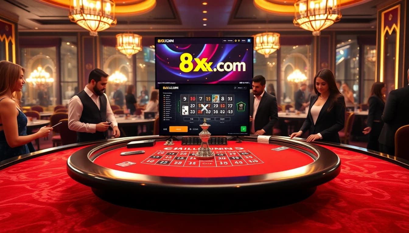An exciting scene of players enjoying blackjack at 8xx.com, surrounded by vibrant casino elements.