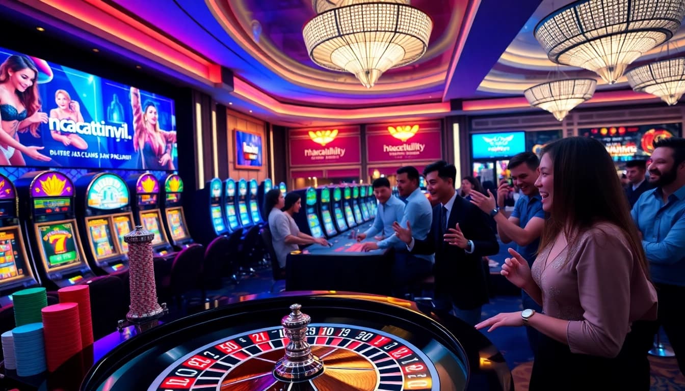 Excited players engaging in casino games at nhacaiuytinvl.com with roulette and slot machines.