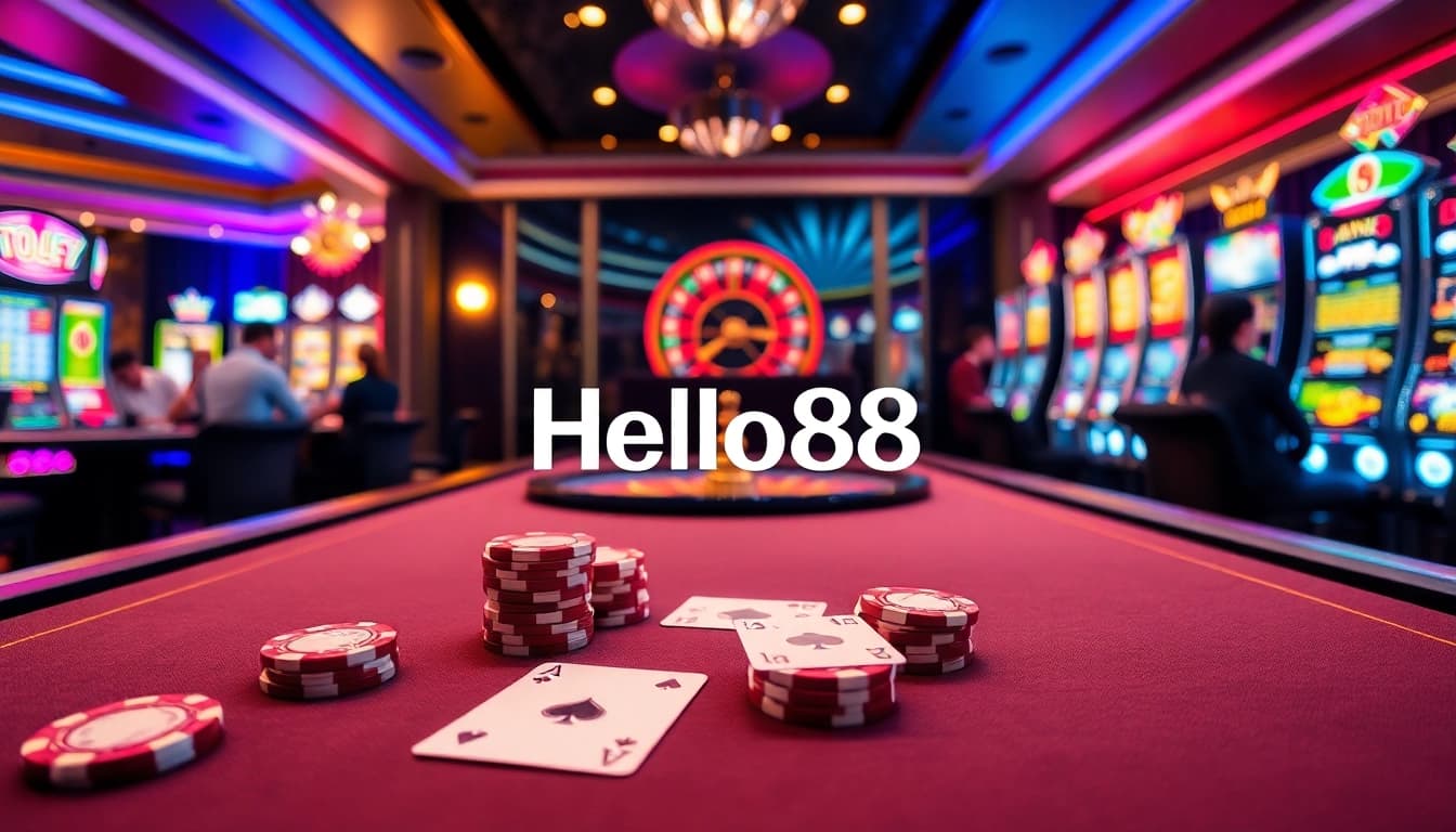Hello88 casino scene showcasing a lively table with cards, chips, and a roulette wheel, embodying excitement in online gambling.