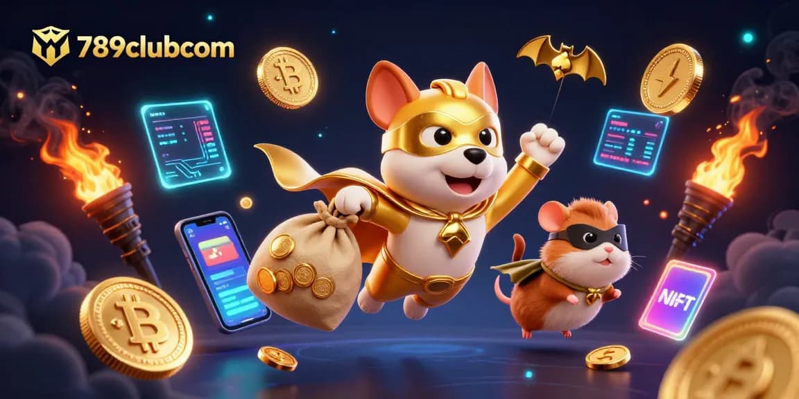 Win big with 789clubcom as a superhero dog flies amidst a wealth of casino-themed treasures.