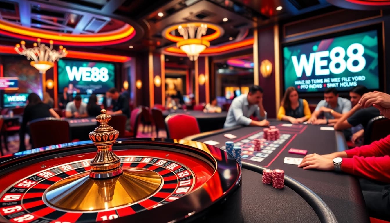 WE88 casino scene highlighting poker action and roulette excitement.
