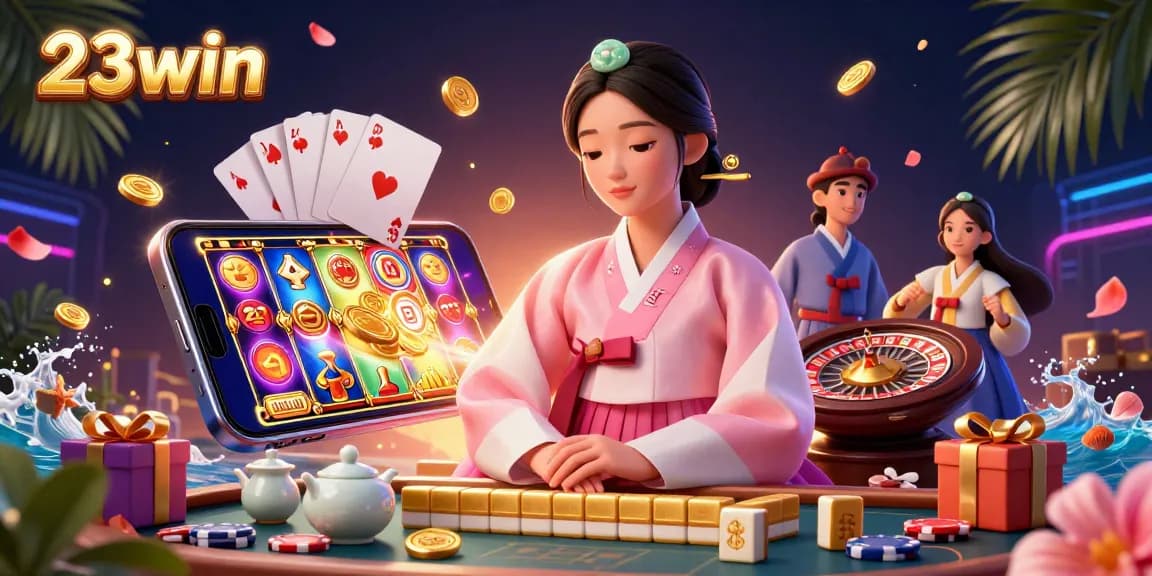 Experience the thrill of 23win with an elegant casino scene, showcasing vibrant gaming elements.