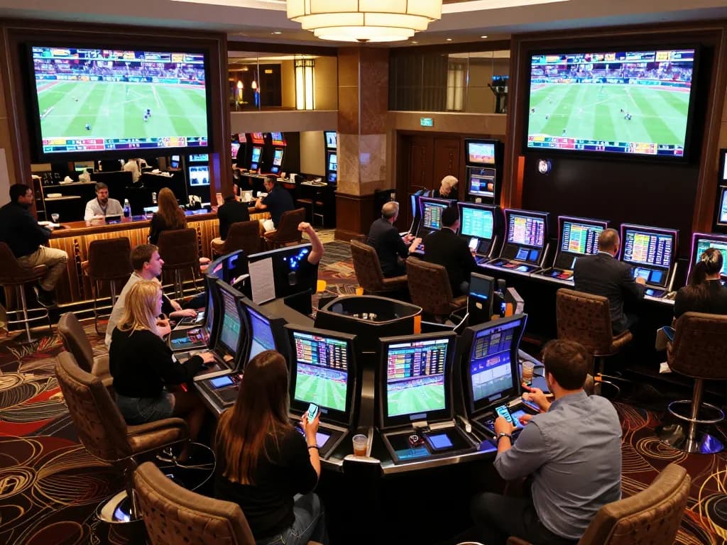 Experience the excitement of sports betting at fooballl, with enthusiastic bettors and live screens.