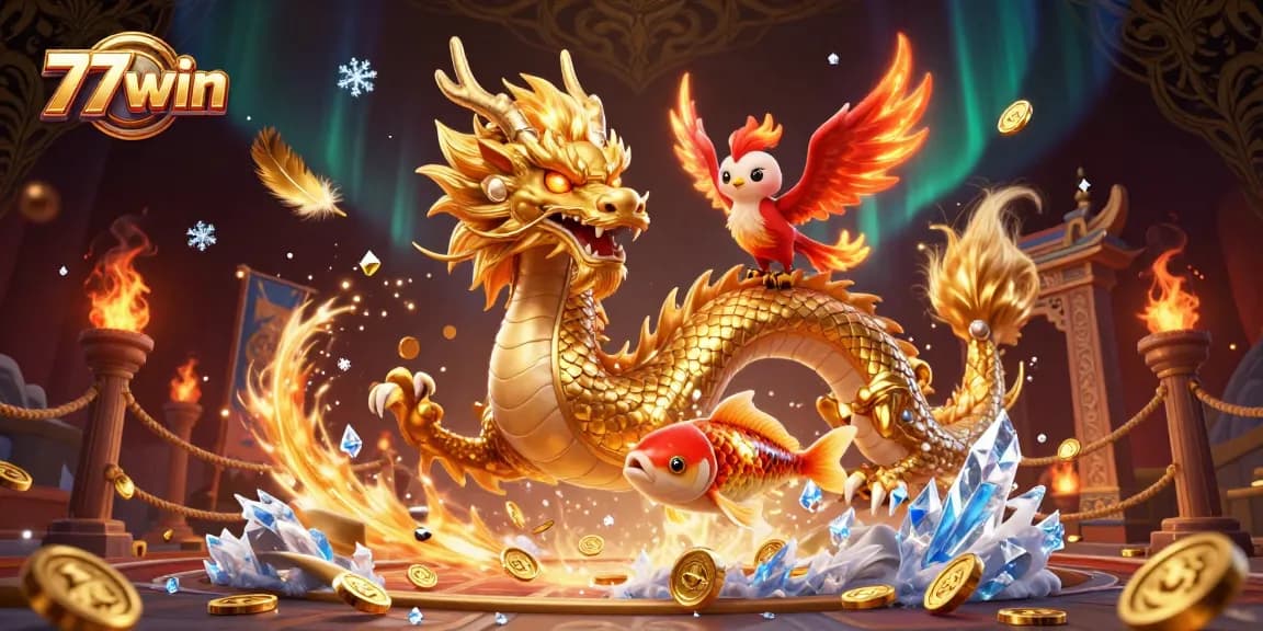 Engage with the excitement of 77win as a fierce golden dragon and phoenix soar amidst coins in a vibrant casino scene.